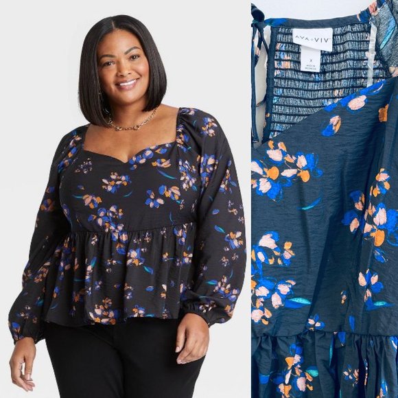 Ava & Viv Tops - Ava & Viv Women's Top Size 3X Black Peplum Floral Print Long Sleeve Plus New